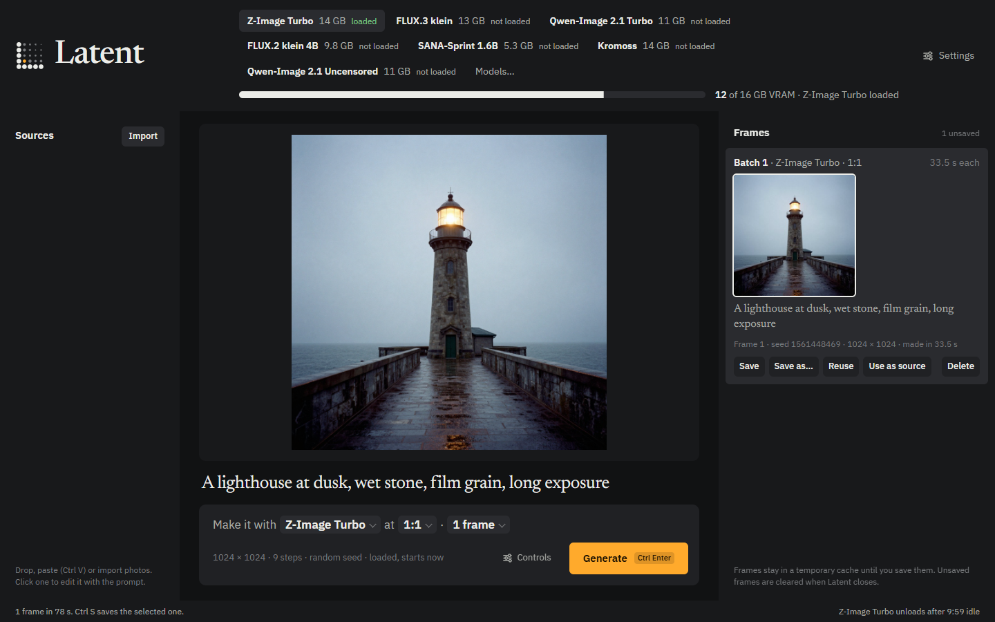 Latent with Z-Image Turbo loaded: a lighthouse frame on the canvas, the model bar and VRAM meter above it, the prompt and Generate below, and the frame's recipe on the right