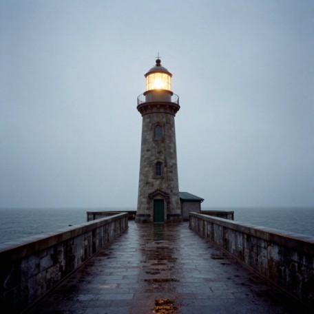 A stone lighthouse at dusk on a wet pier, generated by Latent with Z-Image Turbo